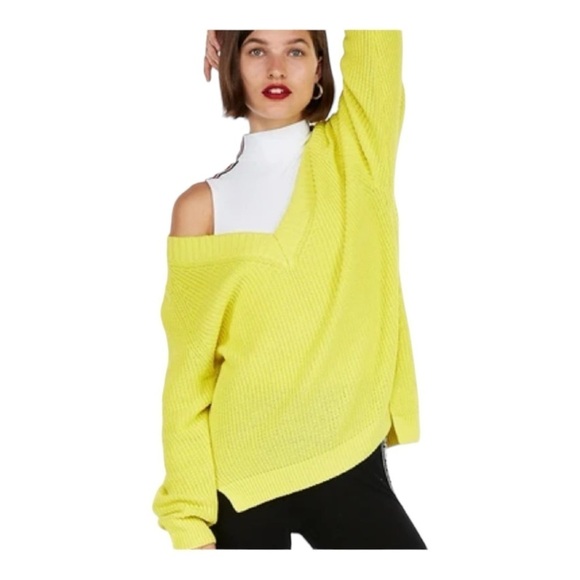 THEORY Bright Neon Yellow V Neck Pullover Knit Slouchy Sweater Large NEW - Picture 4 of 6